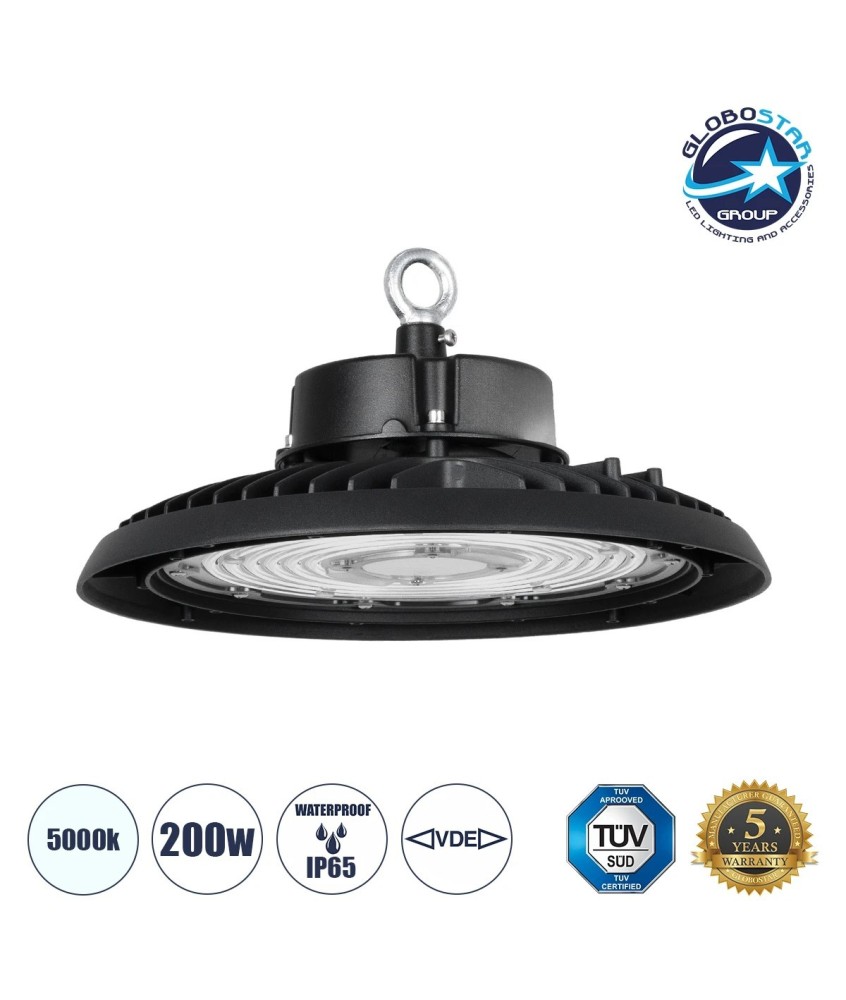 GLOBOSTAR® INDUSTRY 61502 Βιομηχανικό Φωτιστικό Καμπάνα High Bay UFO LED 200W 30000lm SDCM 5 90° AC 85-265V Αδιάβροχο IP65 IK08 Φυσικό Λευκό 5000K - 338 x Sanan Opto SMD Chip & TÜV SÜD Driver - Μαύρο Χυτό Αλουμίνιο - Μ30 x Π30 x Υ16cm - 5 Χρόνια Εγγύηση